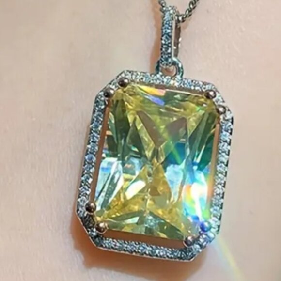 Elegant Rectangle Yellow & White Cubic Zirconia Pendant Statement Necklace - Picture 2 of 5